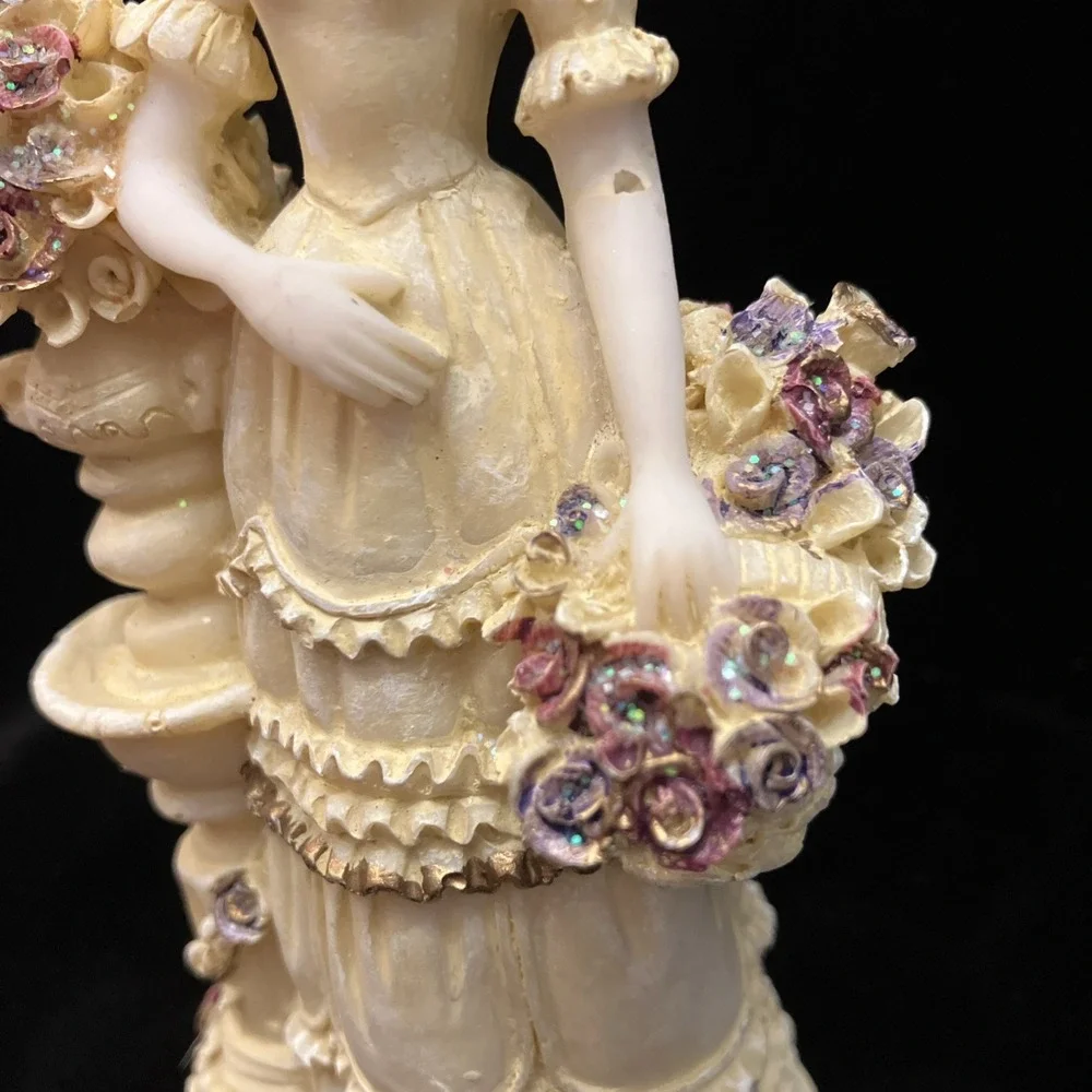 Vintage Victorian Woman w/ Basket of Shimmery Flowers Colonial Lady Figurine
